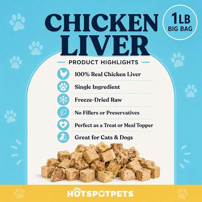 hotspot pets Freeze Dried Chicken Liver Treats for Cats & Dogs -1LB Big Bag~300pcs -Made in USA- Single Ingredient All Natural, Grain-Free - Perfect for Training, Food Topper or Snack