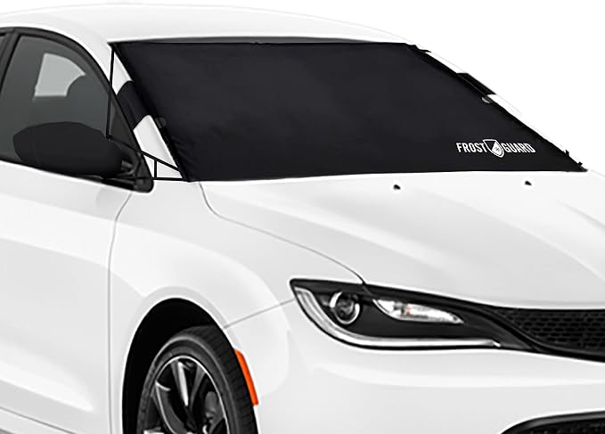 FrostGuard Vortex | Full-Coverage Car Windshield Cover for Ice and Snow, Standard Size (Black) - Wiper Blade + Side Mirror Coverage - Fit-Fast Straps, Security Panels + Storage Pouch - 59 x 41 Inches