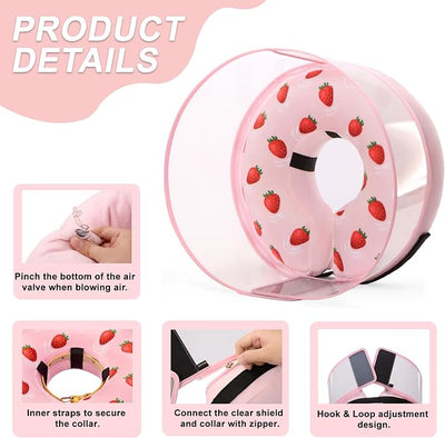 Inflatable Dog Cone Collar for Large Medium Small Dogs, Soft Dog Donut Collar Adjustable Recovery Cone for Pets After Surgery, Extra Enhanced Anti-Licking Guard Shield (Strawberry Print, Large)