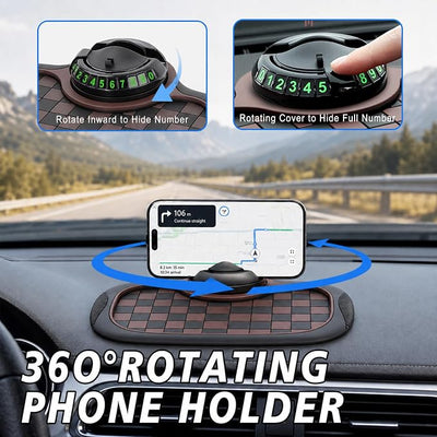 Multifunctional Car Anti Slip Mat, 360° Rotatable Phone Holder Dashboard Pad with Temporary Parking Number, Anti Skid Organizer for Phones Sunglasses Keys (Black & Brown)