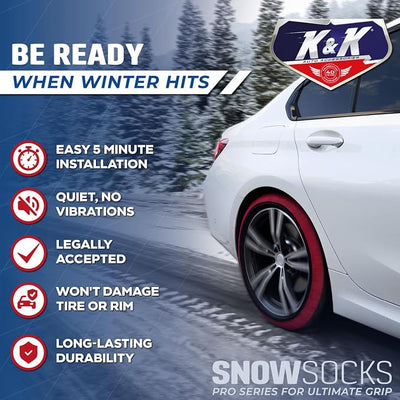 K&K Auto Snow Socks for Tires – Pro Series for Ultimate Grip Approved Snow Chain Alternative Traction Device – Tire Sock for SUV Van Pickup Truck – Winter Travel Accessory Emergency Kit – XXL (2pcs)