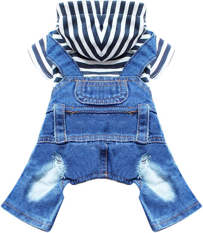 Small Dog Hoodie Clothes Cute Stripe Shirts Denim Jumpsuit One-Piece Outfit for Small Medium Dogs Cats Boy Girl Chihuahua Blue Jeans Overalls Puppy Costume (Blue,M)