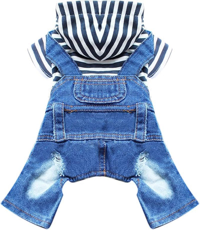 Small Dog Hoodie Clothes Cute Stripe Shirts Denim Jumpsuit One-Piece Outfit for Small Medium Dogs Cats Boy Girl Chihuahua Blue Jeans Overalls Puppy Costume (Blue,XS)
