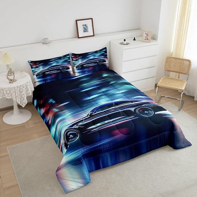 Erosebridal Teens Race Car Comforter Set Twin Size, Speed Sports Car Down Comforter for Kids Boys Girls Youth Bedroom, Cool Automobile Duvet Insert Extreme Sport Theme Bedding Comforters, Blue