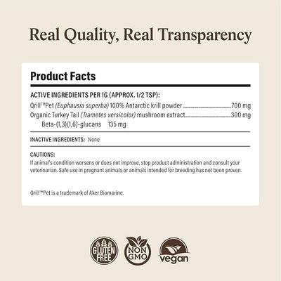 Real Mushrooms Turkey Tail with Qrill Pet - Turkey Tail Mushroom for Dogs with Krill Meal for Dogs and Cats - Beta-Glucan Rich Mushroom Extracts Immune & Gut Support for Puppies and Kittens, 75g