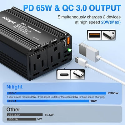 Nilight 300W Power Inverter 12V DC to 110V AC Car Converter with PD 65W USB C & QC3.0 for Phones Tablets Laptop Computer Game Console Kindle iPad DVD Players Black