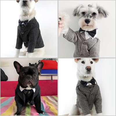 Dog Clothes Pet Plaid Suit Dog Tuxedo Costumes, Formal Gentleman Apparel Vest, Wedding Party Birthday Wear French Bulldog Pug Teddy Terrier (M, Brown Coat)