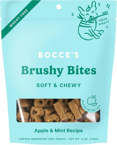 Bocce's Bakery Dailies Brushy Bites Dog Treats for Wellness Support, Wheat-Free Dog Treats, Made with Real Ingredients, Baked in The USA, Natural Soft & Chewy, Apple & Mint Recipe, 6 oz