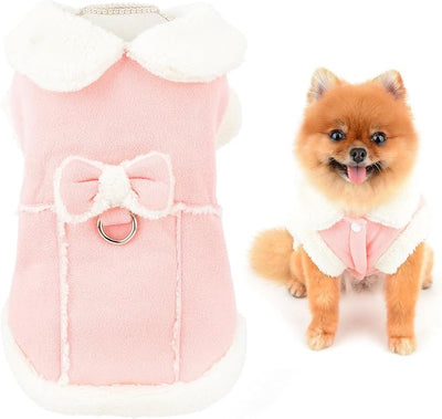 SMALLLEE_LUCKY_STORE Fleece Dog Coat for Small Dog Pet Harness Jacket with Bow and D-Ring, Soft Vest Fall Winter Clothes with Fuzzy Collar Chihuahua Yorkie Cat Apparel, Pink, L