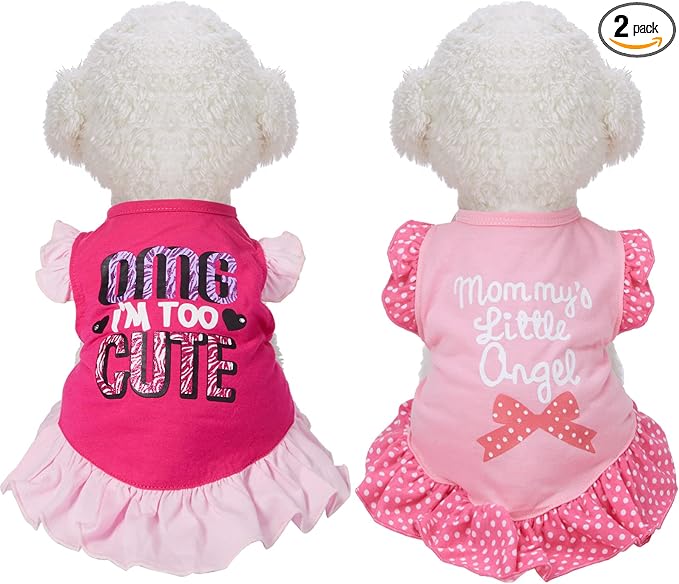 2 Pieces Dog Dresses for Dogs Cute Girl Female pet Dress Mommy Puppy Shirt Skirt Dresses Pet Summer Clothes Apparel for Cats(OMG and Angel,Small)