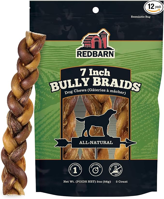 Pet Products 7" Braided Bully Sticks for Dogs - Natural, Grain-Free, Highly Palatable, Long-Lasting Dental Chews Sourced from Free-Range, Grass-Fed Cattle, 3-Count, Pack of 12