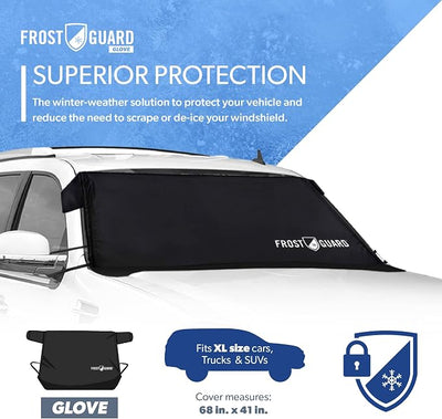 Frostguard Glove | Car Windshield Cover for Ice and Snow - XL Size, Fits SUVs and Trucks - Features Elastic Loops, Security Panels + Storage Pouch - Black, Measures 68 x 41 Inches