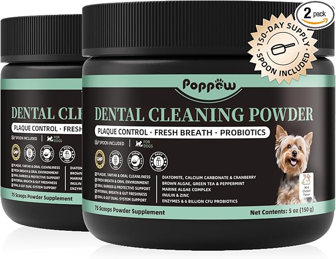 Dog Dental Powder, Teeth Cleaning Powder, Plaque & Tartar Off, Fresh Breath Support, No Brushing Oral Care, Mint Chicken Flavor, 150 Servings