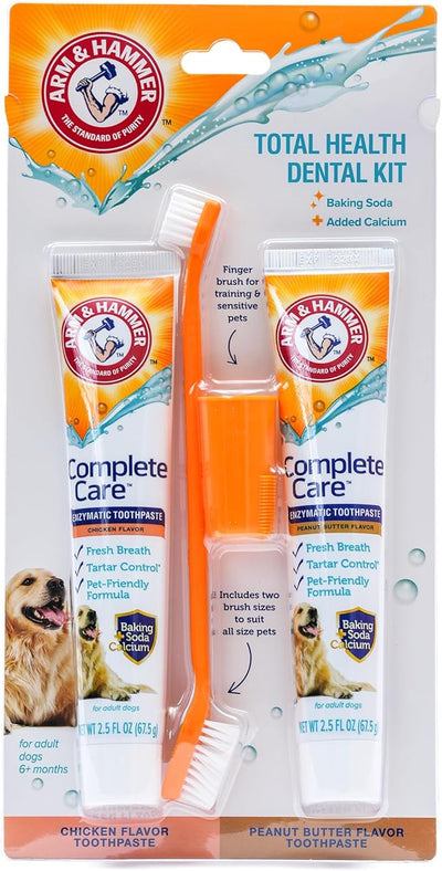 Arm & Hammer Complete Care Dog Dental Kit with Two Flavors: Chicken & Peanut Butter Enzymatic Dog Toothpaste, Toothbrush, & Finger Brush, Baking Soda + Calcium, 2.5oz Each