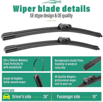 26" 19" 10" Windshield Wiper Blades Replacement for Nissan Pathfinder 2022 2023 2024 2025 Premium All Weather Front Rear Wipers Set - OEM Quality (Pack of 3)