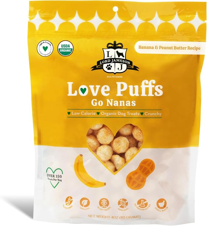 Lord Jameson Go Nanas | Light & Crunchy Love Puffs Collection | Organic Dog Treats, Peanut Butter and Banana Recipe, Gluten-Free, Preservative-Free, USDA Certified Organic. Made in USA
