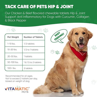 Vitamatic Turmeric for Dogs – 120 Chewable Tablets – Anti-Inflammatory Pain Relief with Curcumin, Collagen & Black Pepper – Hip & Joint Support for Dogs