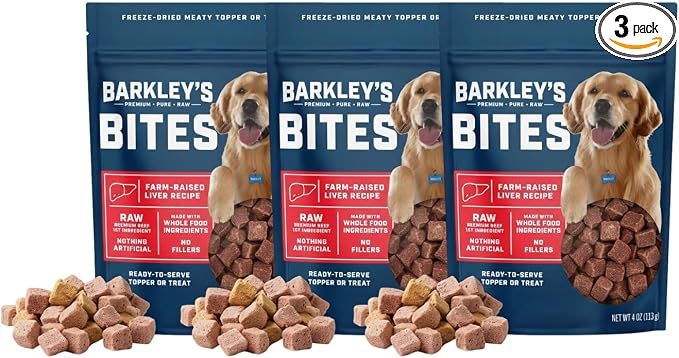 Barkley’s Bag Beef Bites, Freeze Dried Dog Treats & Food Topper, Made w/Beef, Barley, and Quinoa, Small Bite-Sized Pieces for Training Rewards, for All Dog Breeds, Ages & Sizes, 4 Oz Bag (3 Pack)