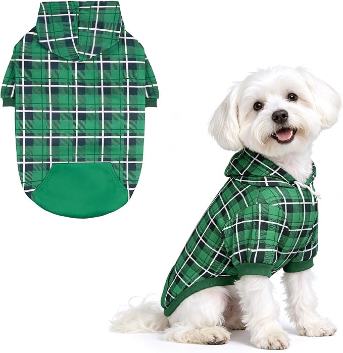EXPAWLORER Plaid Dog Hoodie - British Style Warm Dog Sweater Shirt with Leash Hole,Pitbull Clothes Outfits,Winter Coat Apparel for All Breeds Puppy Girl Boy-Cat Apparel,Green Small