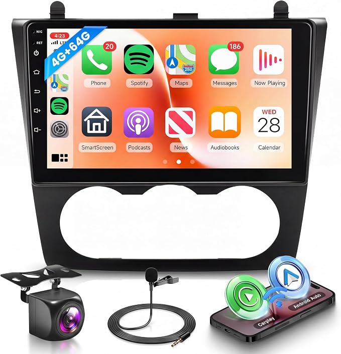 Android Car Stereo for Nissan Altima 2008-2012 with Wireless CarPlay Android Auto, 4Core 4G+64G 9 Inch Touchscreen Car Radio Mirror Link GPS Navigation WiFi Bluetooth FM RDS EQ SWC Backup Camera