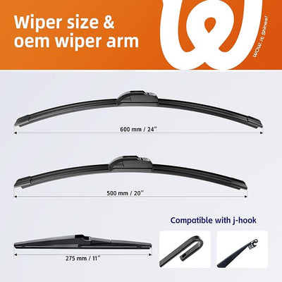 24"+20" Windshield Wiper Blades with 11" Rear Wiper Replacement for Kia Sorento 2011 2012 2013 2014 2015/Kia Soul 2010-2015 2016 2017 2018 2019-OEM Quality All-Weather J Hook Wipers(Set of 3)