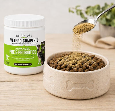 Dr. Joseph's VetPro Complete Advanced Pre & Probiotics Powder for Dogs, Meal Topper, 90 Scoops, Supports Gut Health, Diarrhea, Digestive Health & Allergies, Chicken/Pumpkin Flavor, 4 Billion CFUs