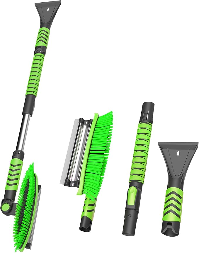 41.8'' Ice Scraper and Squeegee with Snow Brush 3 in 1, Adjustable Brush Front, Extendable Aluminum Handle with Ergonomic Grip, Snow Removal Tool for Car, Truck, SUV