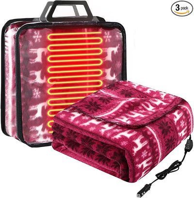 Tuanse 58 x 43 Inches 12 Volt Heated Car Blanket Plug in Portable Car Electric Blanket with Cigarette Lighter, Temperature Controller and Storage Bag for Rv Truck Traveling(Red White,Reindeer)