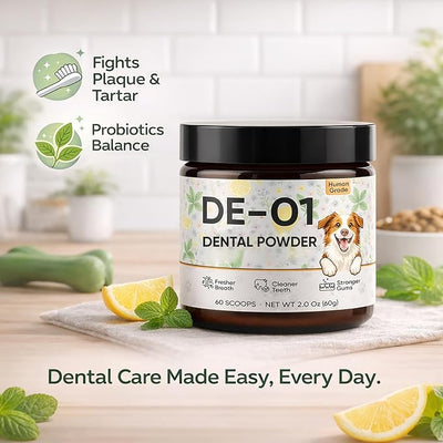 Dental Powder DE-01 - Dog Dental Powder Supplement for Teeth Cleaning Powder to Reduce Plaque, Tartar Build-up, and Bad Breath, Oral Microbiome Balance - 2oz