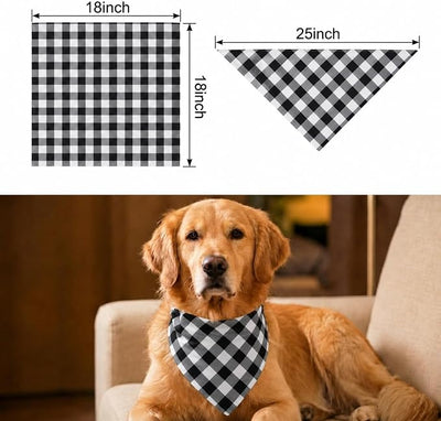Cotton Linen Dog Bandanas 1 Pack, Plaid Checkered Bandana for Large Dogs, Soft Breathable Classic Dog Apparel & Accessories (Black Gingham, Large)