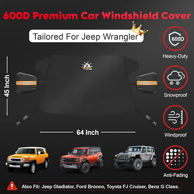 Zettum Car Windshield Snow Cover for Jeep Wrangler - 600D Car Windshield Snow Ice Cover Front Window Covers for Jeep Wrangler, Jeeps Gladiator, Ford Bronco, Toyota FJ Cruiser, Benz G Class, and More