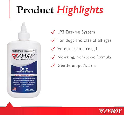 Zymox Otic Enzymatic Solution for Dogs and Cats to Soothe Ear Infections with 1% Hydrocortisone for Itch Relief, 8oz