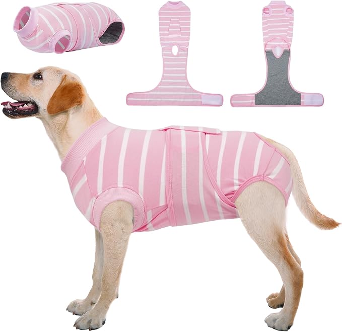Dog Surgery Recovery Suit, Soft Breathable Dog Recovery Suit for Female Spay Male Nueuter, Anti Licking Puppy Onesie Pet Surgical Suit for Dogs Abdominal Wounds Skin Disease, Pink Strips XL