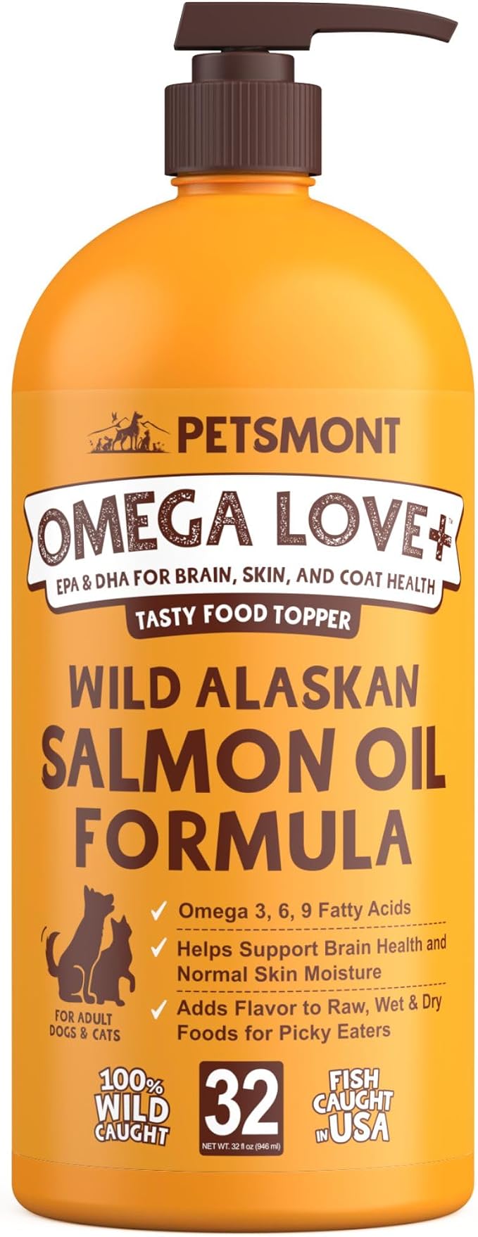 Omega Love+ Wild Alaskan Salmon Oil for Dogs Formula 32 oz - Fish Omega Liquid Pump Cats Supports Joint Function Immune Heart Health Food Supplement Pets Natural EPA DHA Fatty Acids