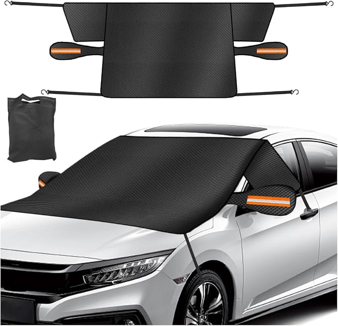 Car Windshield Ice Snow Cover with Magnetic Edges, Heavy Duty Oxford Fabric Windscreen Protector Cover with Side Mirror Covers, Winter Waterproof Frost Cover for Car Truck SUV RV (Orange)