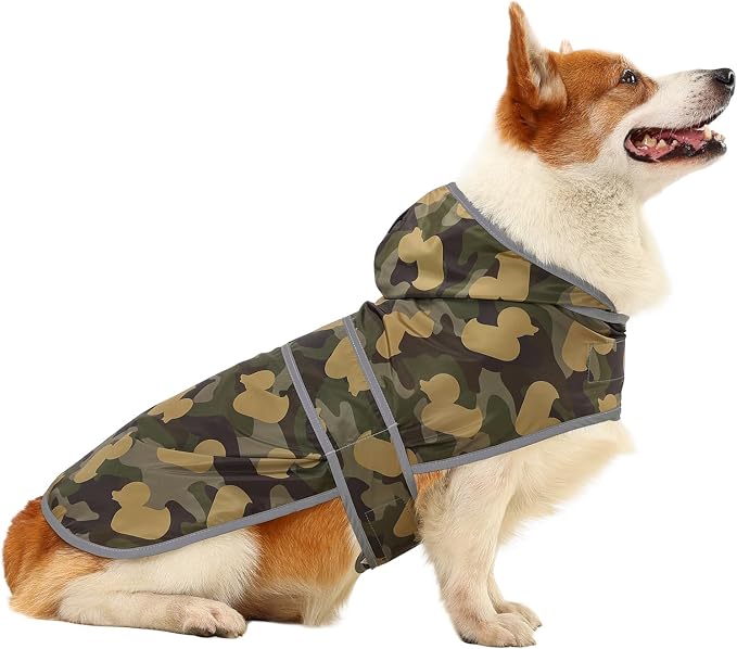 Dog Raincoat for Large Dogs Waterproof Jacket Hooded Rain Coats with Reflective Strips Leash Hole & Poncho Adjustable Fit (CamoDuck,L)