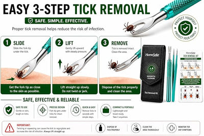Homesake Tick Remover Tool and Tweezer Set for Humans- Pets Stainless Steel Cat and Dog Tick Removal Kit w/Storage Pouch Safe Tic Control Puller for Complete Removal of Big and Small Ticks (2 Pack)