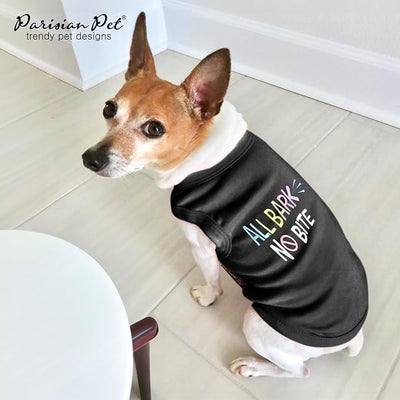 Parisian Pet Dog Shirt – 100% Cotton Shirts for Small Dogs - Black Sleeveless Puppy Vest – All Bark No Bite Pet Apparel – Breathable Pullover Summer Dog Clothes - Stretchy Funny T Shirts for Dogs