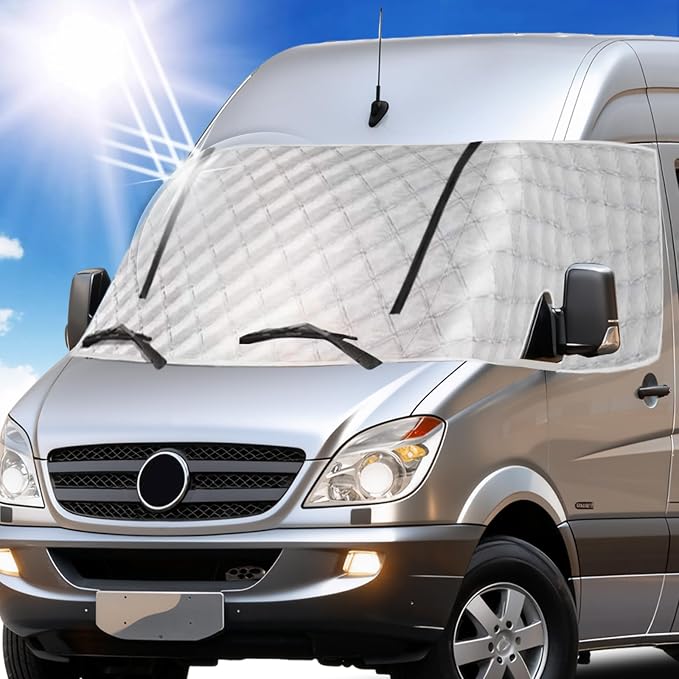 RV Windshield Window Snow Cover for Class B Dodge Mercedes Sprinter (2006-2015) for Front Window Sunshade Accessories with Mirror Cutouts, Zipper Opening rv windshield cover Silver
