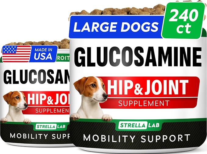 Glucosamine for Large Dogs - Joint Supplement Large Breed w/ Omega-3 Fish Oil - Chondroitin, MSM - Advanced Mobility Chews - Joint Pain Relief - Hip & Joint Care - Chicken Flavor - 240Ct - Made in USA
