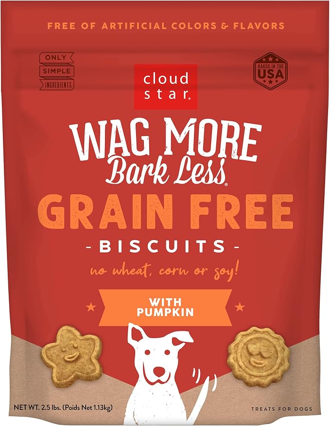 Wag More Bark Less - Dog Treats - Crunchy Biscuits - Grain Free Pumpkin - 2.5 lb Pouch