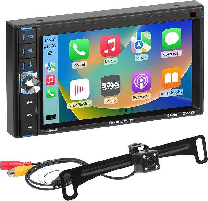 BCP62-RC Car Stereo - Apple CarPlay, Double Din, 6.2 Inch Capacitive Touchscreen, Bluetooth, No CD DVD Player, AM/FM Radio Receiver, Backup Camera