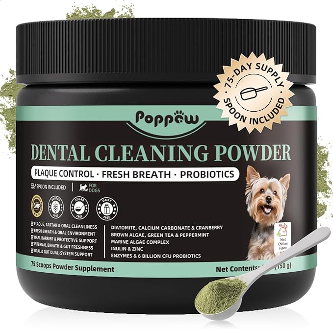 Dog Dental Powder, Teeth Cleaning Powder, Plaque & Tartar Off, Fresh Breath Support, No Brushing Oral Care, Mint Chicken Flavor, 75 Servings