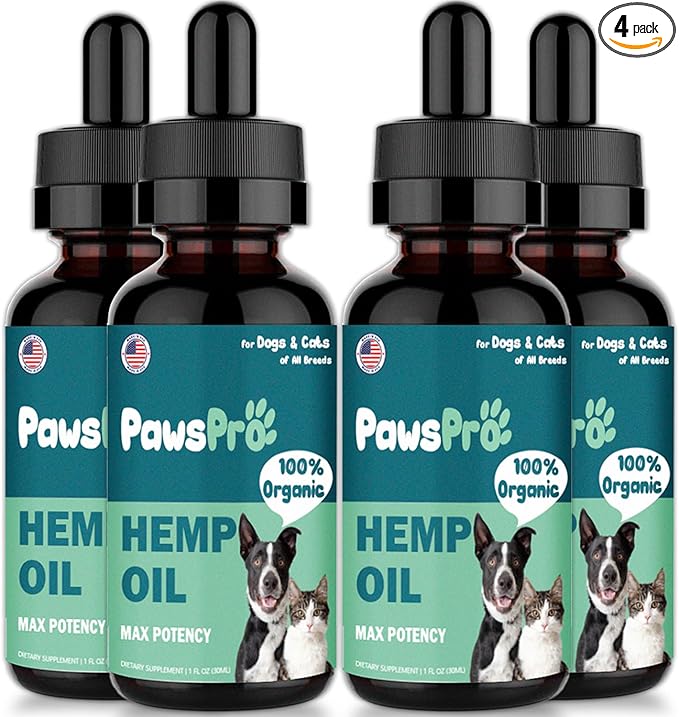 4-Pack Hеmp Oil for Dogs and Cats - Hip and Joint Support - Skin and Coat Health - with Omega 3, 6, 9 and Vitamins - Max Potency