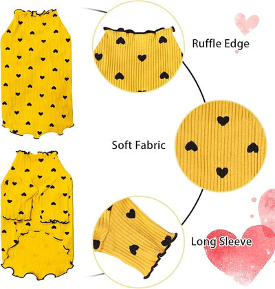 Pet Clothes for Small Dogs Cat Summer Fall Heart Print Shirt Stretchable Ruffle Long Sleeve Outfits for Chihuahua Schnauzer Shih Tzu Yorkie (Yellow, Large)