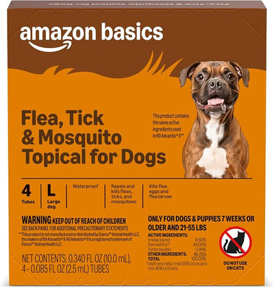 Amazon Basics Preventative Flea, Tick & Mosquito Topical Treatment for Large Dogs (21-55 Pounds), Kills Fleas, 4 Count, Packaging May Vary