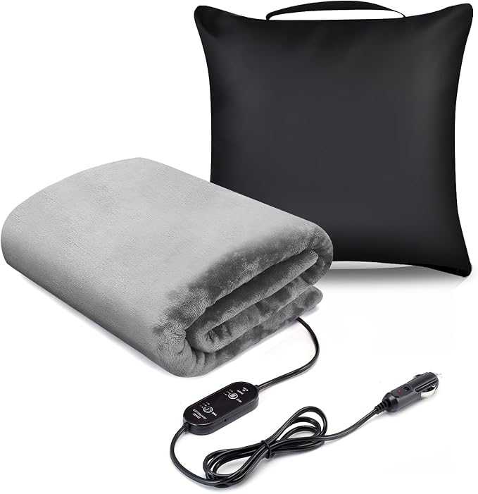Heated Car Blanket DC12V-24V Electric Blanket for Car Camping, Portable Washable Heated Blanket with Timer, 3 Heat Settings, Heated Throw Blanket for Road Trip (Gray + Pillowcase)