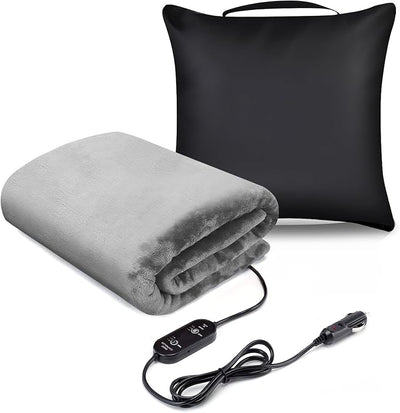 Heated Car Blanket DC12V-24V Electric Blanket for Car Camping, Portable Washable Heated Blanket with Timer, 3 Heat Settings, Heated Throw Blanket for Road Trip (Gray + Pillowcase)