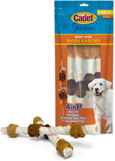 Cadet Gourmet Shish Kabob Dog Chews for Large Breeds, Rawhide Treats For Dogs with Chicken and Sweet Potato, Healthy & Natural Beef Hide, 10-Inch Sticks, 4 Count (Pack of 1)
