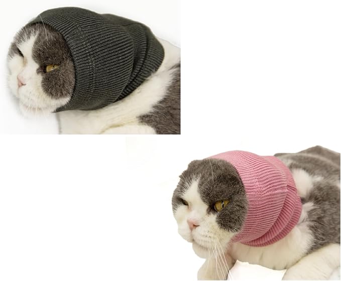 Cat Head Cover Hematoma Lightweight Snood Covers Ear Wrap for Cats Wine+Grey-S